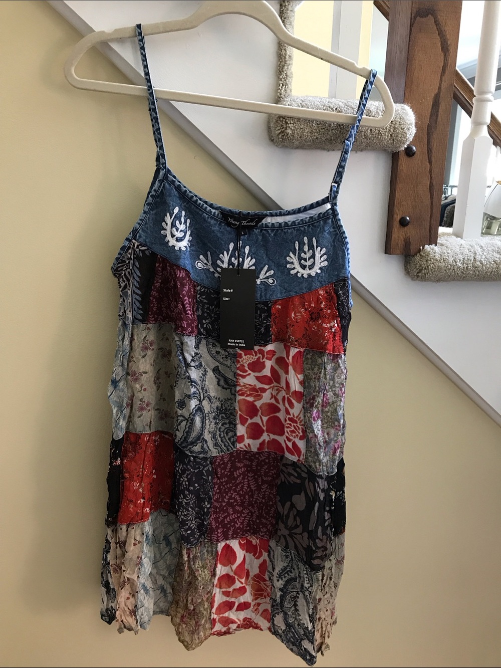 YOUNG THREADS NWT Dress Spaghetti Strap Adj Denim Printed Embroidered Size Large